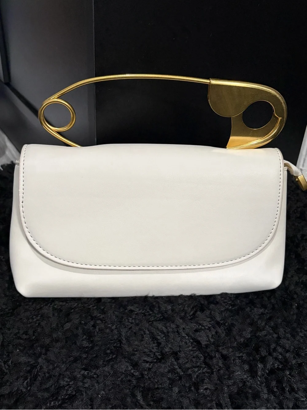 Off-White/Cream Faux Leather Safety Pin Top-Handle Women’s Bag with Gold Accent